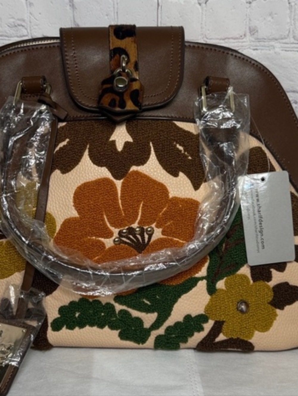 Sharif 1827 Embroidered Floral Leather Trim Decorative Calf Hair Lock w/Dustbag - Picture 10 of 16